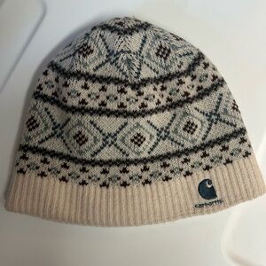 Carhartt Cream and Brown Knit Beanie with Blue Pattern